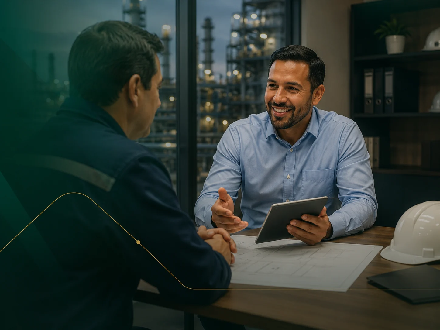 Consultor industrial conversando con un gerente de planta